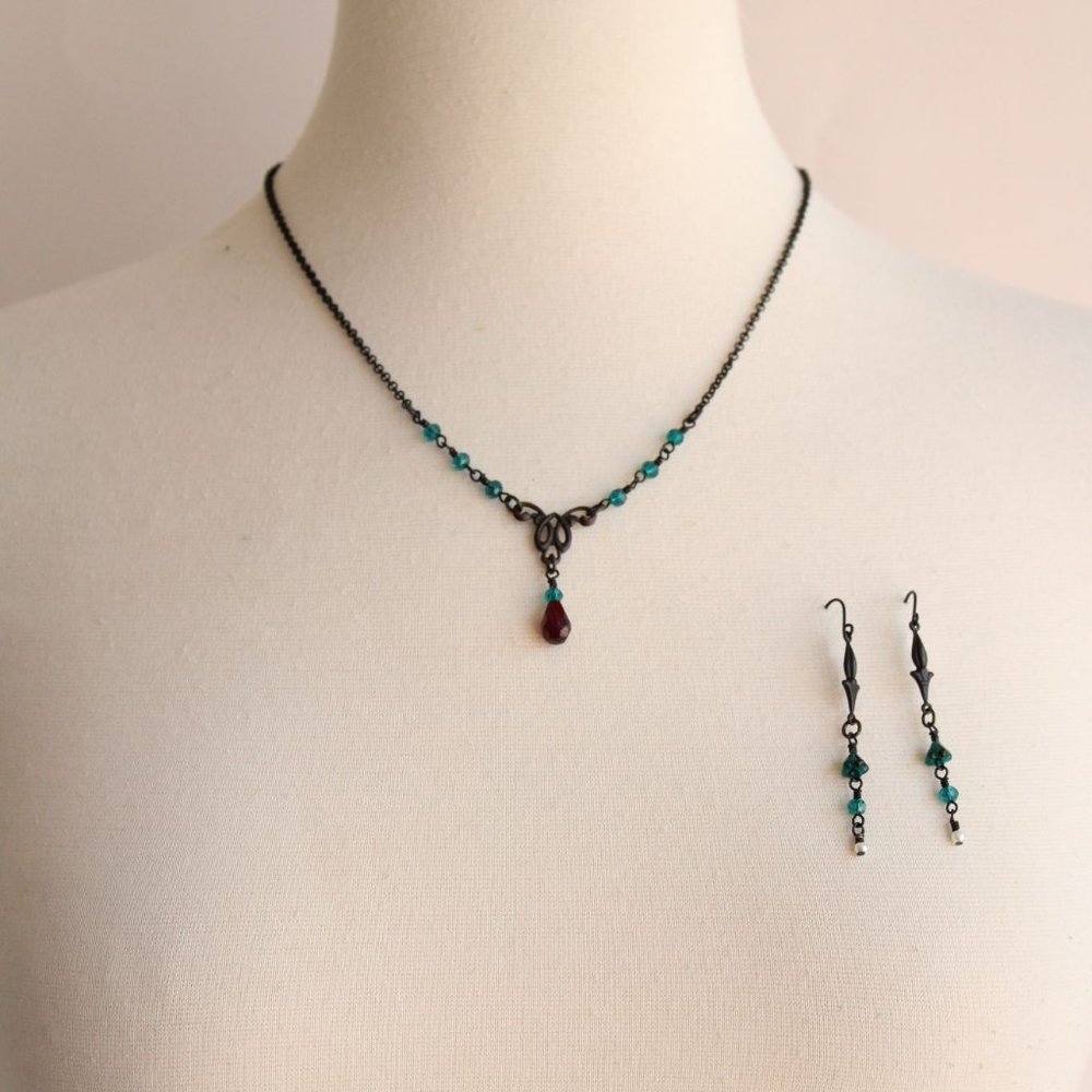 Handcrafted Necklace and Earring Set, Victorian Style, Green Beads and Black